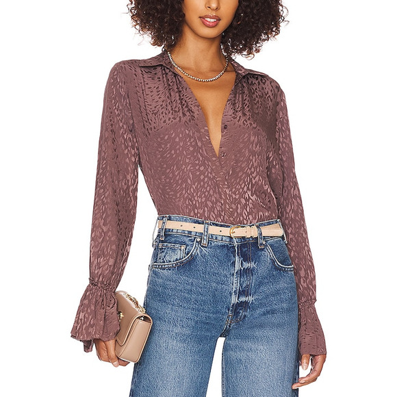 Paige 'Abriana' Brown Bell Cuff Satin Shirt Size L